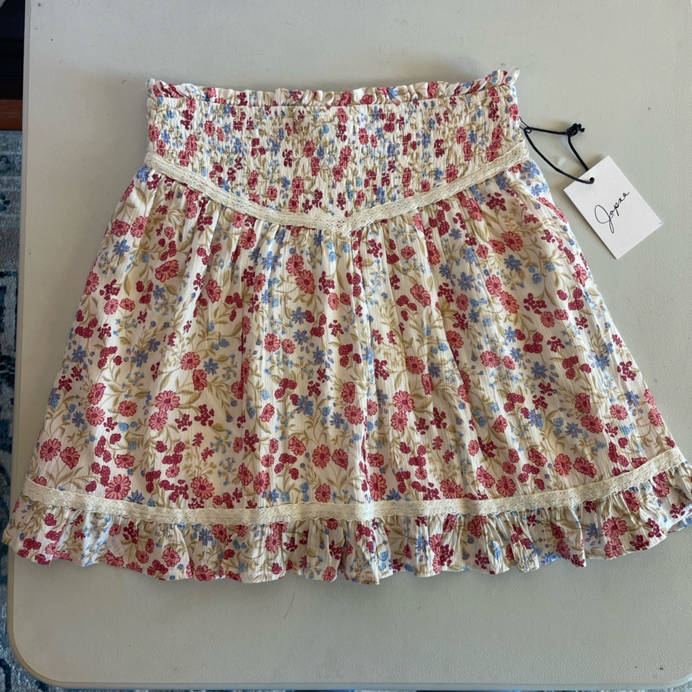 Japna Floral Smocked Mini Skirt Cottagecore Prairie Coquette Ruffle XS NWT